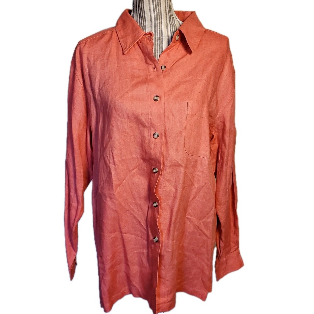Real Comfort 100% Linen Orange Coral Button-Up‎ Shirt Sz L